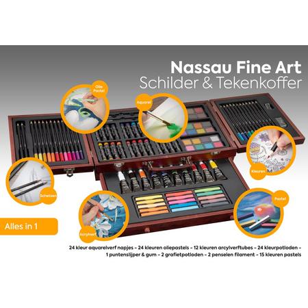 Nassau Fine Art Schilder- & Tekenkoffer 103-delig | In Houten koffer | Professionele kwaliteit | Schilderen en tekenen voor beginners en ervaren kunstenaars | Tekenset